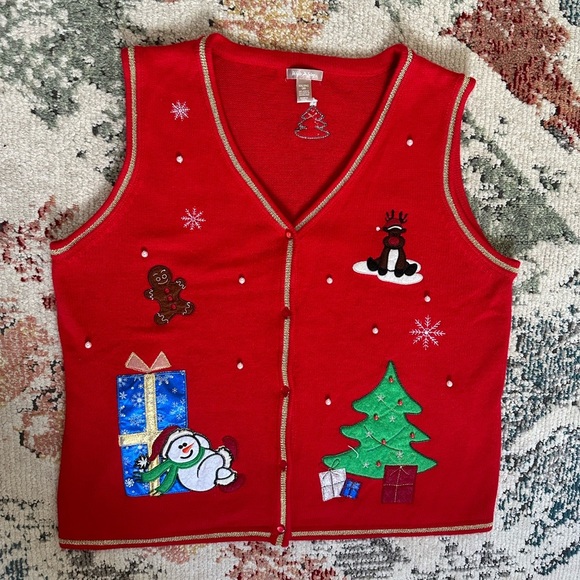 VTG White Stag Festive Whimsical Christmas Sweater Vest Trees Snowman Women’s - Picture 2 of 13
